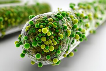 Poster - Close-up view of bacteria displaying vibrant green hues under microscope in a lab setting