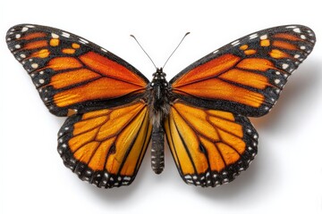 Poster - Monarch butterfly displaying vibrant orange and black wings against a white background, highlighting intricate patterns and details