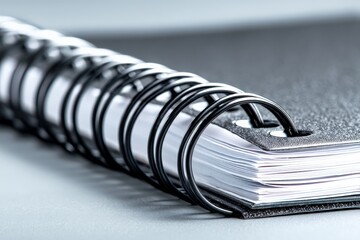 Poster - Close-up view of a black spiral notebook revealing stacked white pages with a sleek design