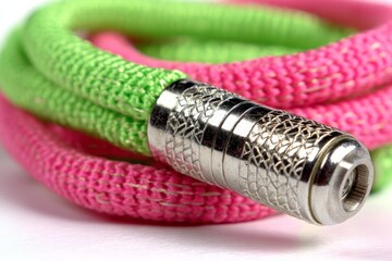 Poster - Brightly colored rope with a metallic end piece displayed on a white background in a close-up view