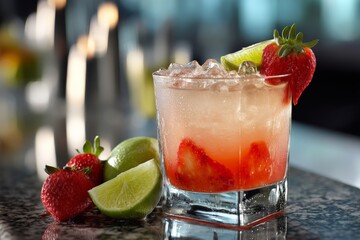 Poster - Refreshing cocktail garnished with strawberries and lime served in a stylish glass at a modern bar