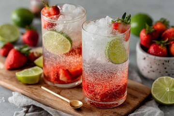Poster - Fresh strawberry cocktails garnished with lime served on a wooden board in a cozy setting