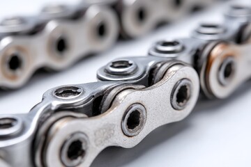 Poster - Close-up view of bike chain links showcasing wear and tear during maintenance in a workshop setting