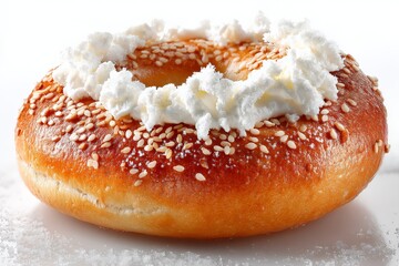 Poster - Delicious sesame bagel topped with whipped cream served on a clean white background