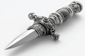Poster - Ornate silver dagger with intricate designs showcased on a neutral background for artistic appreciation
