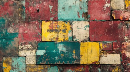 Poster - Colorful, weathered, paint-chipped brick wall texture.
