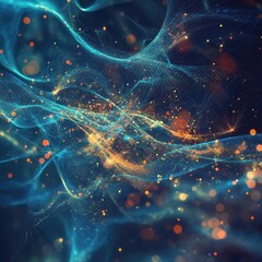 Poster - Flowing abstract digital background featuring glowing dots of light in teal and gold tones