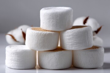 Leinwandbilder - Cotton rolls stacked on a white surface, showcasing natural fibers and texture in a minimalistic arrangement