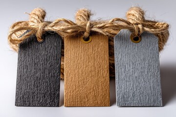 Aufkleber - Colorful textured tags displayed on a rustic rope background showcasing various shades for crafting or design purposes