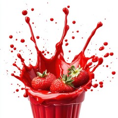 Poster - Strawberries splashing in red liquid against white background studio shot vibrant dynamic food photography