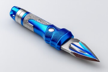 Poster - Blue metal utility knife with a sharp blade and textured grip resting on a light gray surface