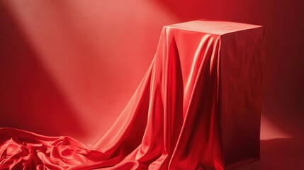 Poster - Red satin cloth draped over box in studio lighting creating elegant folds and shadows for product reveal or presentation backdrop