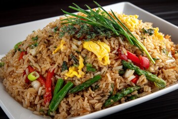 Poster - Delicious fried rice with vegetables and egg served on a white plate in a cozy restaurant