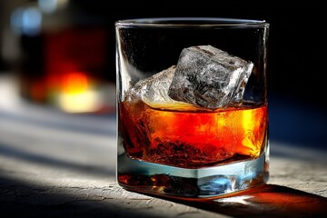 Poster - Rich bourbon whiskey with ice cubes glistening in glass, highlighted by soft light on a textured surface during evening hours