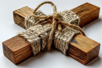 Poster - Wooden cross wrapped in twine on a plain background showcasing craftsmanship and natural materials
