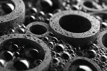 Aufkleber - Bubbles and textured rings create an abstract composition in a close-up of a material in a studio setting