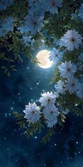 Wall Mural - white flowers, blue petals, starry sky background, full moon hanging in the night sky, high
