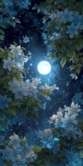 Wall Mural - white flowers, blue petals, starry sky background, full moon hanging in the night sky, high