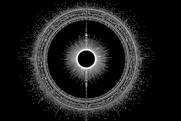 Poster - Intricate design depicting a solar eclipse with rays extending in all directions against a black background