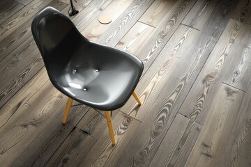 Poster - Modern black chair placed on stylish wooden flooring in a well-lit interior space