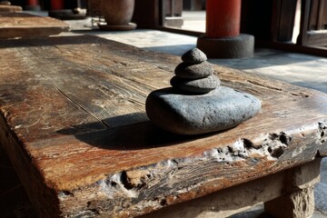 Poster - Stacked stones on a weathered wooden table in a serene interior space during daylight hours