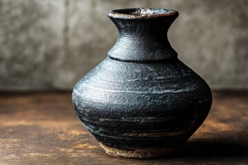 Poster - Ceramic pot with a dark glaze resting on a wooden surface in a studio setting