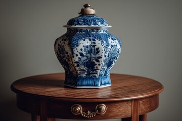 Poster - Traditional blue and white ceramic jar placed on a wooden table in warm indoor lighting