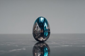 Poster - Reflective egg-shaped container placed on a dark marble surface showcasing a modern design and vibrant colors