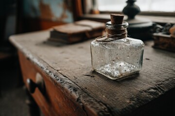 Poster - Vintage glass bottle resting on a rustic table in an abandoned room filled with dust and forgotten treasures