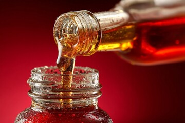Poster - Pouring amber liquid into a glass jar on a red background creates an appealing visual display of texture and color