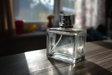 Poster - Elegant glass perfume bottle illuminated by sunlight in a cozy indoor setting