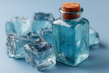 Aufkleber - glass bottle with cork cap surrounded by ice cubes on blue surface in a minimalist setup