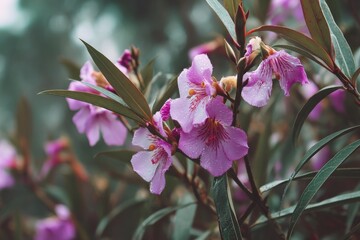Poster - Purple flowers bloom amidst green foliage in a serene garden setting during early morning hours