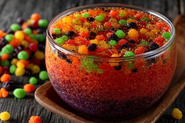 Poster - Colorful dessert bowl filled with vibrant jelly candies on a rustic wooden table in a cozy setting