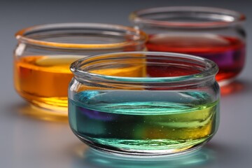 Aufkleber - Brightly colored liquids in glass jars create a vibrant composition against a simple gray background