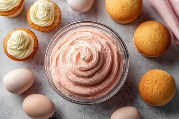 Aufkleber - Colorful frosting and cupcakes arranged with eggs on a gray countertop
