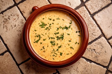 Aufkleber - Creamy sauce topped with herbs served in a rustic bowl on a stone surface