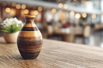Poster - Crafted wooden vase displayed elegantly on a table in a modern dining area with warm lighting