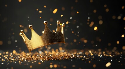 Poster - Golden crown on dark background with glittering particles.