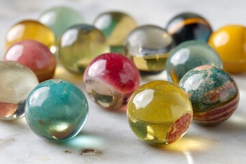 Poster - Colorful glass marbles scattered on a smooth surface showcasing vibrant patterns and textures during daylight