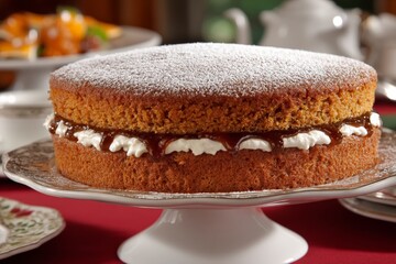 Poster - Delicious layered cake with cream and chocolate filling displayed on a decorative serving platter