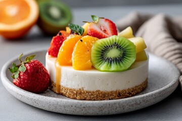 Poster - Colorful fruit cake decorated with fresh berries and tropical slices on a textured plate in bright kitchen lighting