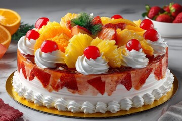 Poster - Colorful fruit cake with whipped cream and vibrant toppings on a festive table