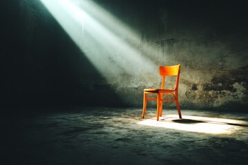 Aufkleber - Lonely wooden chair illuminated by sunlight in a dimly lit room with textured walls