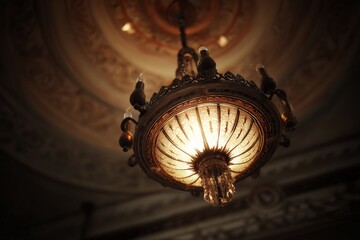 Poster - Beautiful antique chandelier illuminates elegant ceiling in historic building
