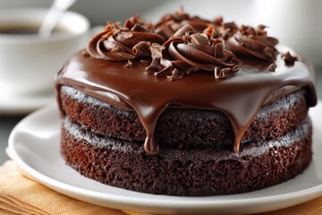 Poster - Delicious two-layer chocolate cake topped with rich frosting and chocolate shavings served with coffee