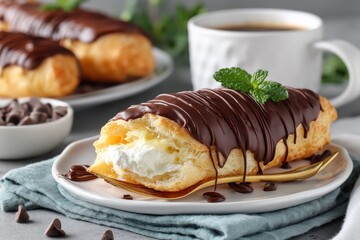 Poster - Delicious cream-filled pastry topped with chocolate drizzle and served with coffee in a cozy setting