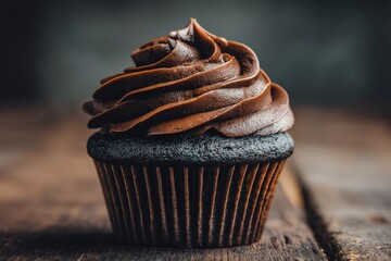 Poster - Delicious chocolate cupcake with creamy frosting on rustic wooden background