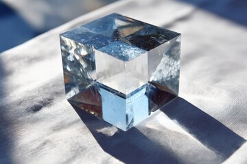 Aufkleber - Glistening crystal cube reflecting sunlight on a soft surface at midday