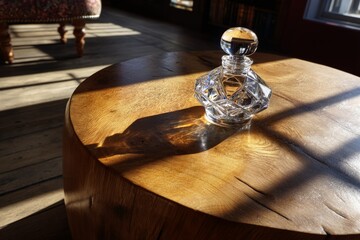 Aufkleber - Crystal perfume bottle casting shadows on wooden table in sunlit room